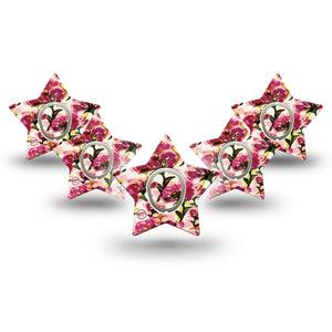 ExpressionMed Maroon Flowers Dexcom G7 Star Shape Tape, Dexcom Stelo Glucose Biosensor System,  5-Pack Tape and 5-Pack Sticker Crimson Flowers, Overlay Patch CGM Design