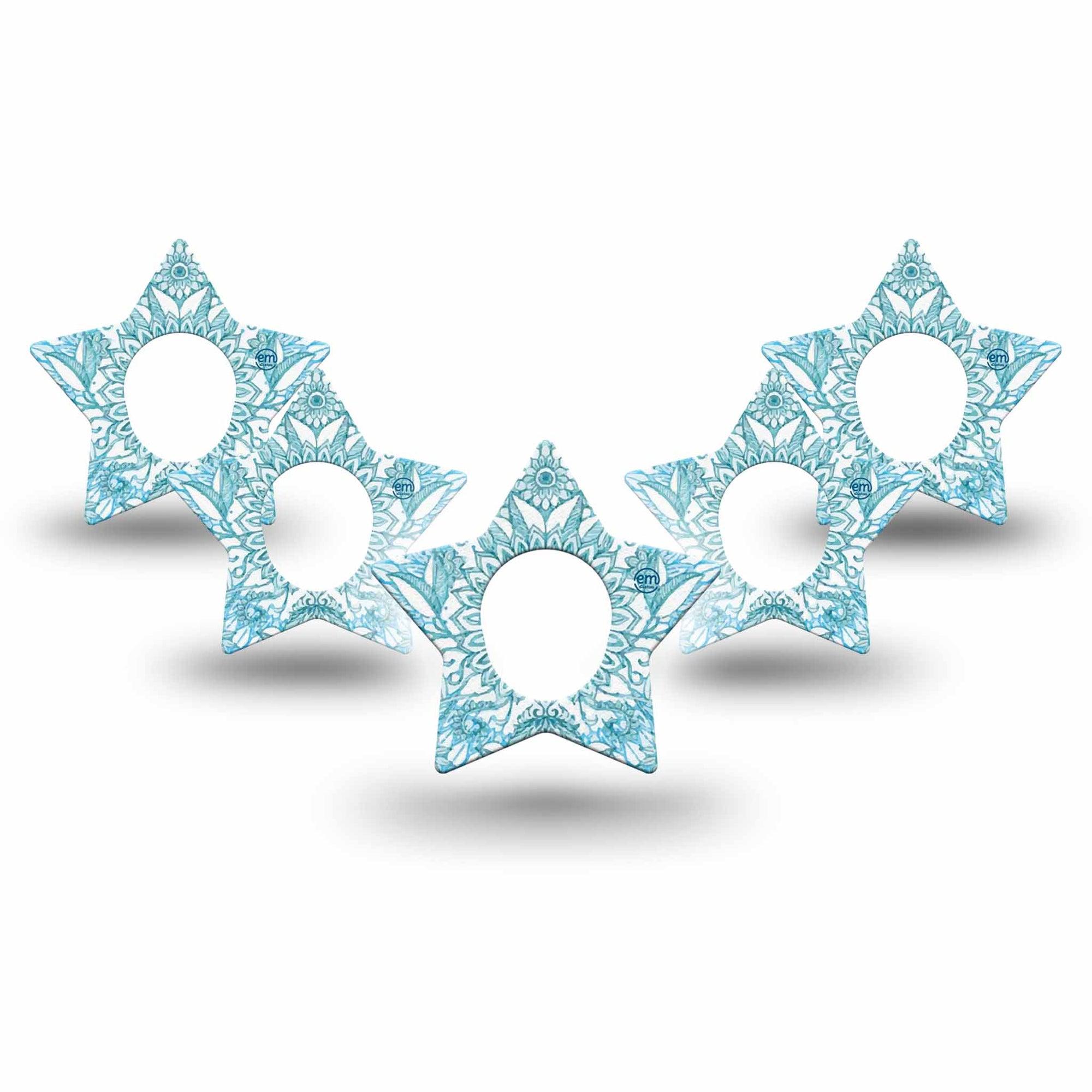 ExpressionMed Aqua Floral Dexcom G7 Star Shape Tape, Dexcom Stelo Glucose Biosensor System, 5-Pack Tape and 5-Pack Sticker Blue Blossoms Adhesive Tape CGM Design