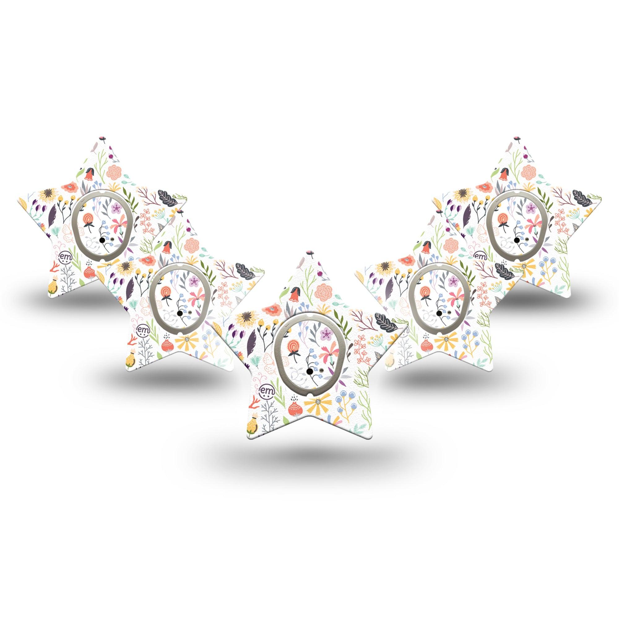 ExpressionMed Springy Stems Dexcom G7 Star Shape Tape, Dexcom Stelo Glucose Biosensor Sytems, 5-Pack Tape and 5-Pack Sticker Botanical Design, Adhesive Tape CGM Design