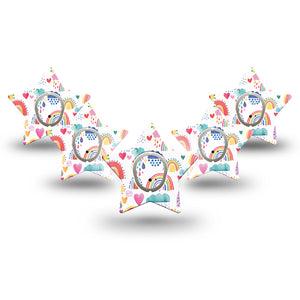 ExpressionMed Rainbows Of Hope Star Dexcom G7 Tape, 5-Pack, Multicolored Drawings Themed, Adhesive Patch Design, Dexcom Stelo Glucose Biosensor System with center stickers