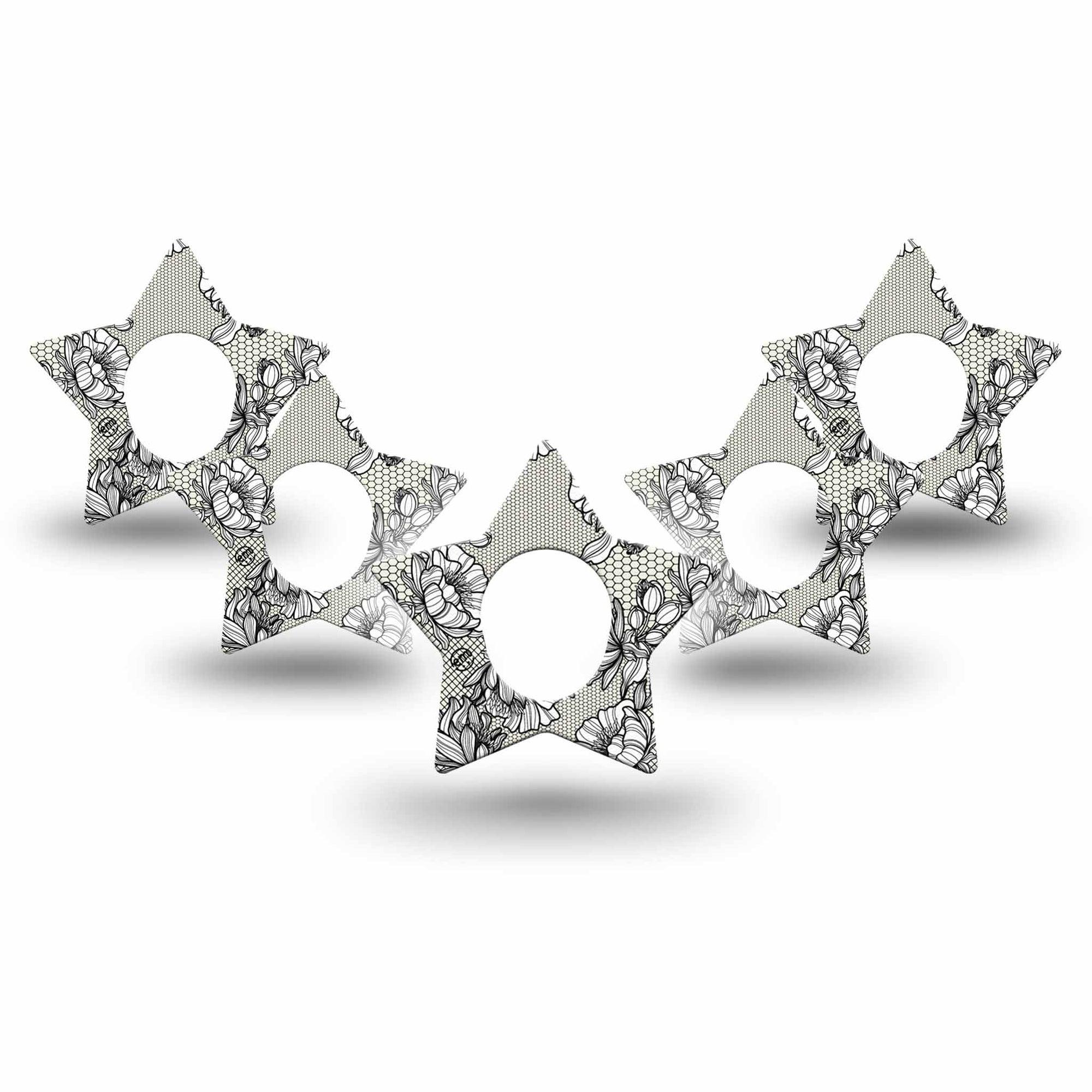 ExpressionMed Black Lace Dexcom G7 Star Shape Tape, Dexcom Stelo Glucose Biosensor System,  5-Pack Tape Sophisticated Pattern, Overlay Patch CGM Design