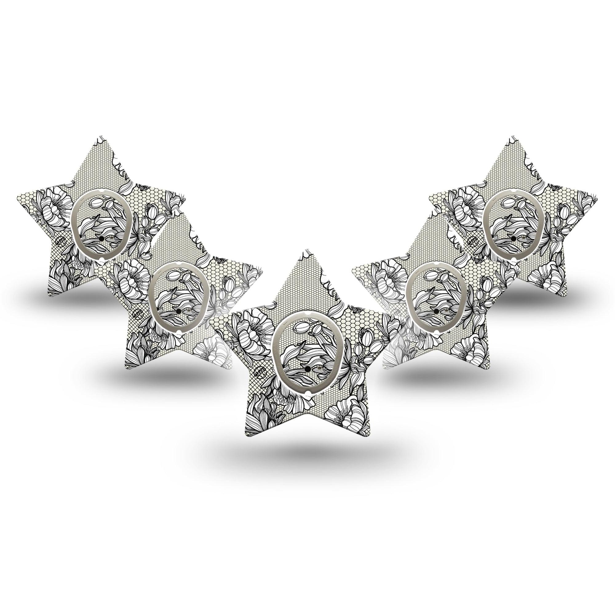 ExpressionMed Black Lace Dexcom G7 Star Shape Tape, Dexcom Stelo Glucose Biosensor System,  5-Pack Tape and 5-Pack Sticker Sophisticated Pattern, Overlay Patch CGM Design