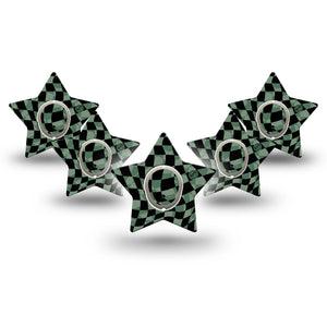 ExpressionMed Green & Black Checkerboard Dexcom G7 Star Shape Tape, Dexcom Stelo Glucose Biosensor System,  Single Tape and Single Sticker Green & Black Grid, Overlay Patch CGM Design