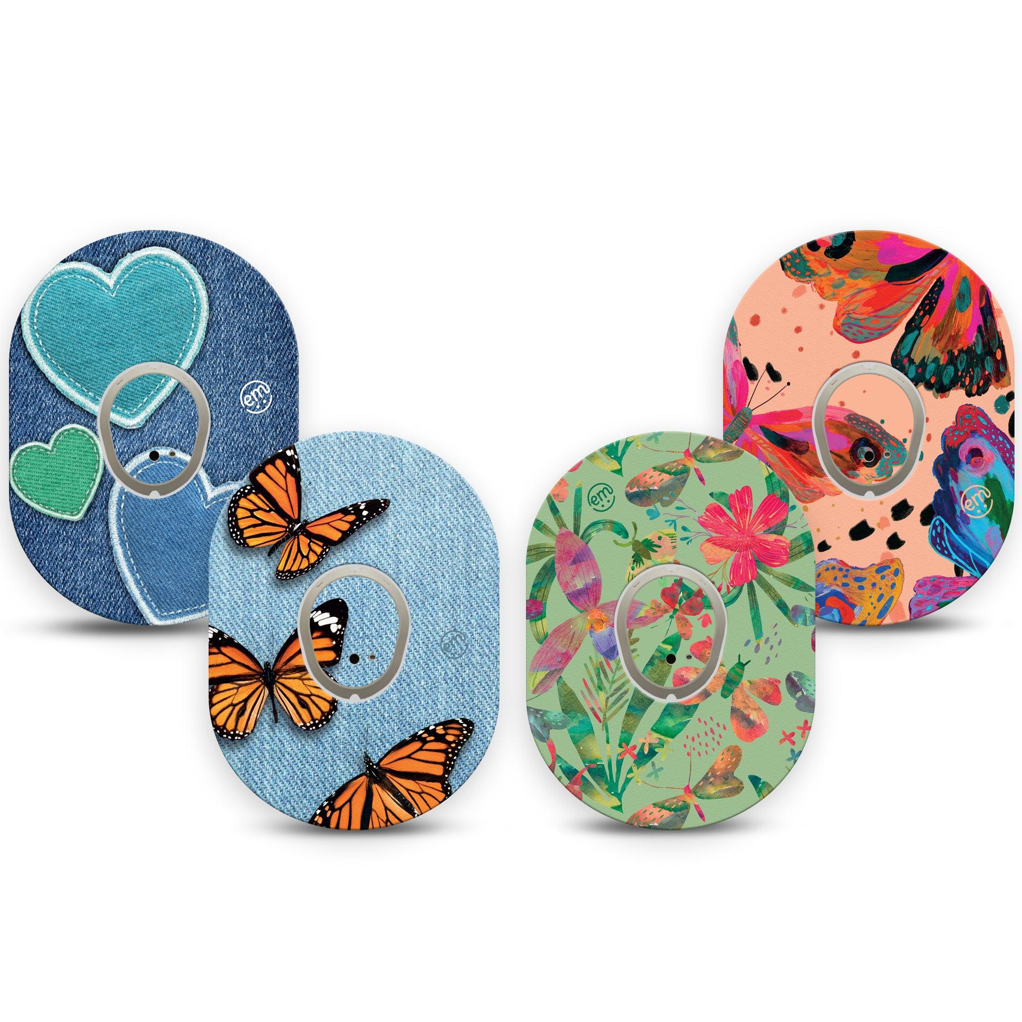 Bursting Butterflies Variety Pack Dexcom G7 Transmitter Sticker, 4-Pack, Jeans & Insects Inspired, Dexcom G7 Vinyl Center Stickers, With Matching Dexcom G7 Tapes, CGM Overlay Patch Design