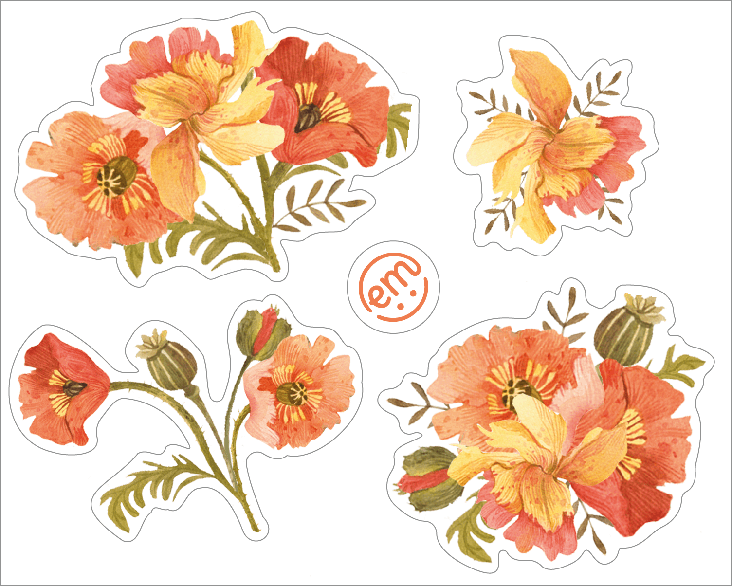 ExpressionMed ExpressionMed, Peachy Blooms Decal Sticker Sheet, Orange Yellow Floral Themed Stickers