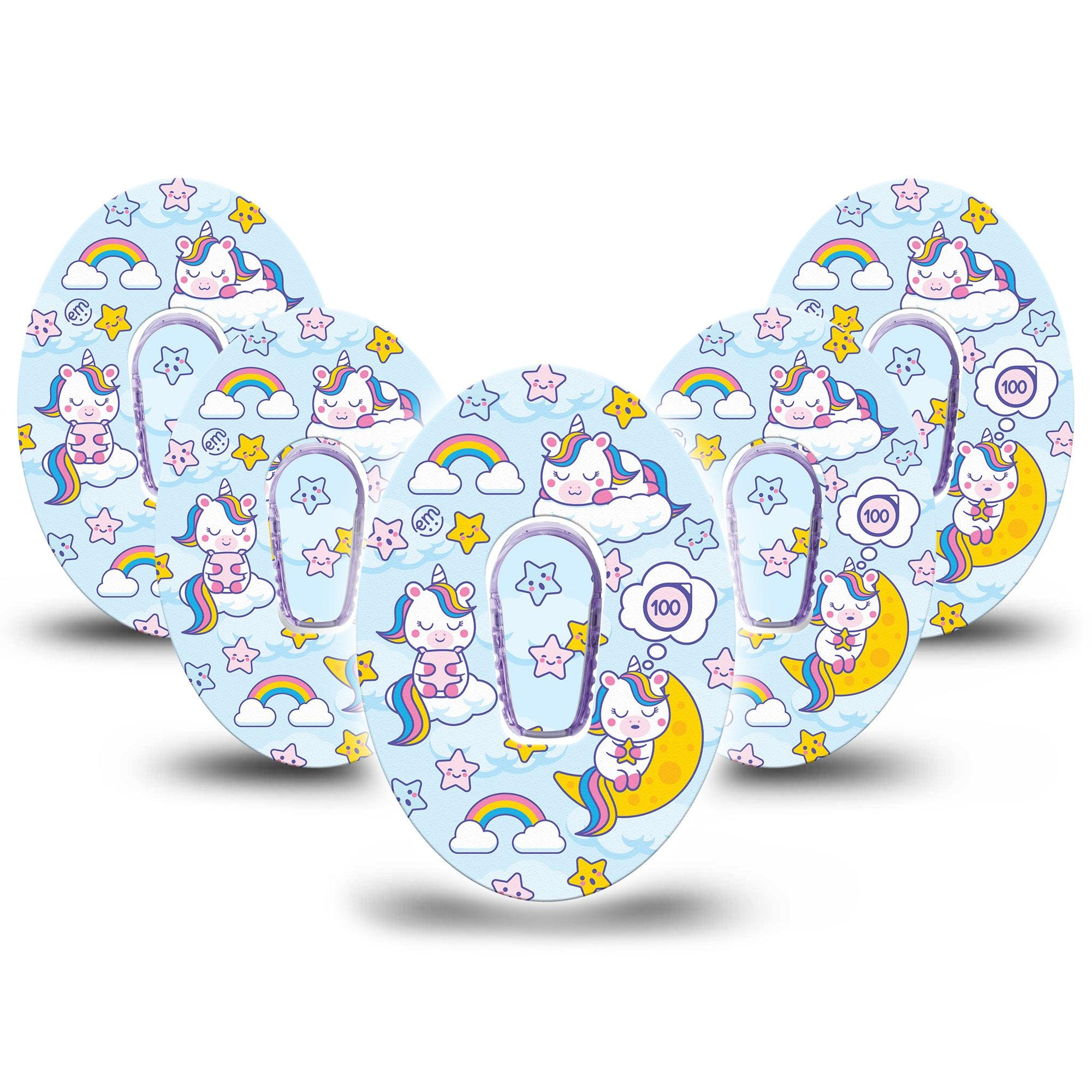 ExpressionMed Sleeping Unicorns Dexcom G6 Tape, 5-Pack Tape and 5-Pack Sticker Colorful Unicorns and Stars, Plaster Continuous Glucose Monitor Design