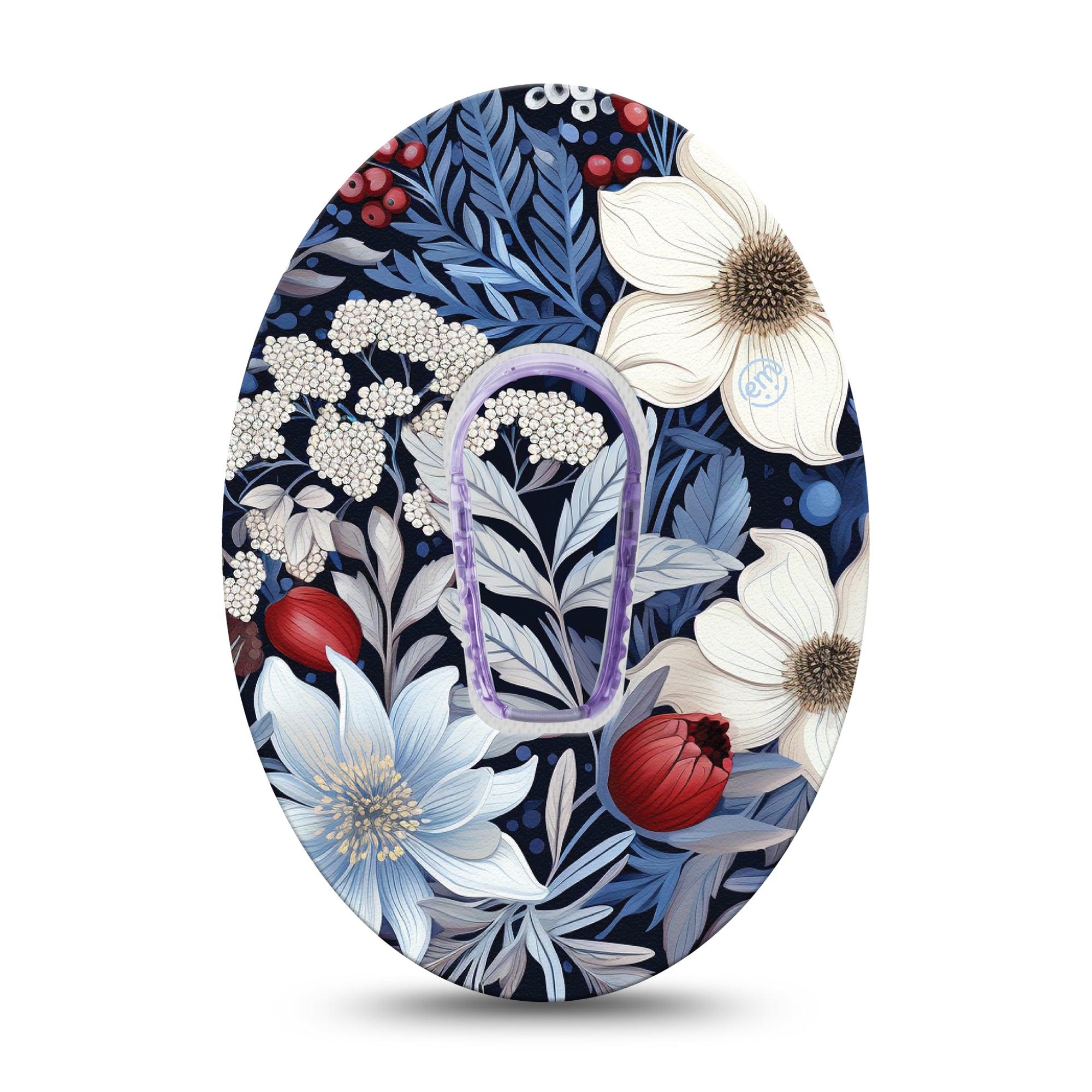 ExpressionMed Winter Floral Dexcom G6 Tape Single Tape and Single Sticker Blue & White Floral, Plaster Continuous Glucose Monitor Design