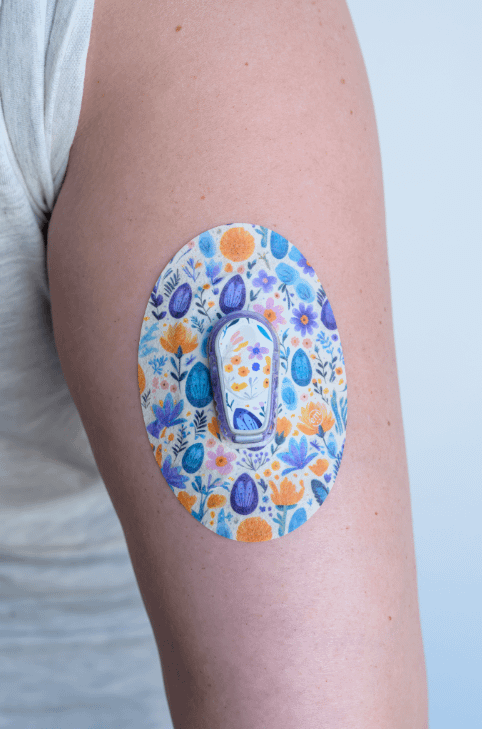 ExpressionMed, Easter Floral Dexcom G6 Tape, Tape & Sticker, Human Wearing Easter Floral Themed CGM Adhesive Patch Design