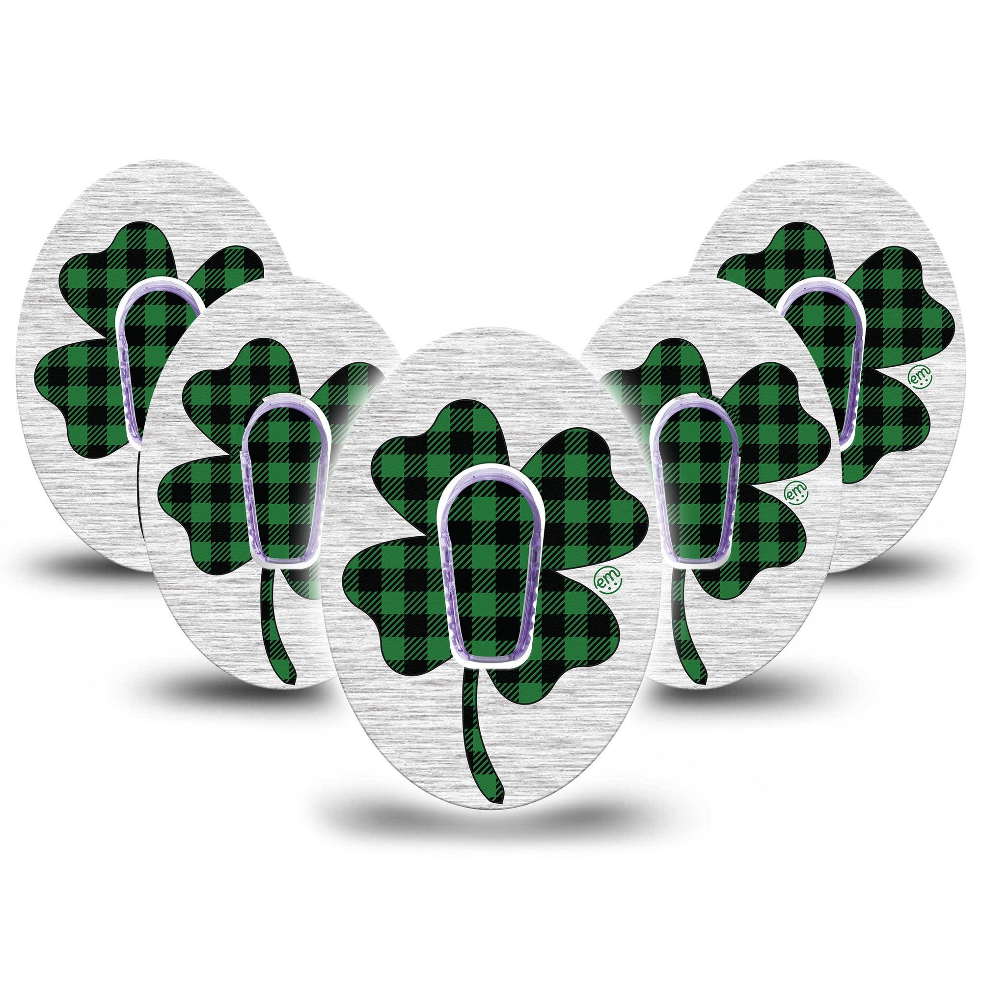 ExpressionMed Embroidered Clover Dexcom G6 Tape, 5-Pack Tape and 5-Pack Sticker Buffalo Plaid Clover Inspired, Plaster Continuous Glucose Monitor Design