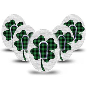 ExpressionMed Embroidered Clover Dexcom G6 Tape, 5-Pack Tape and 5-Pack Sticker Buffalo Plaid Clover Inspired, Plaster Continuous Glucose Monitor Design