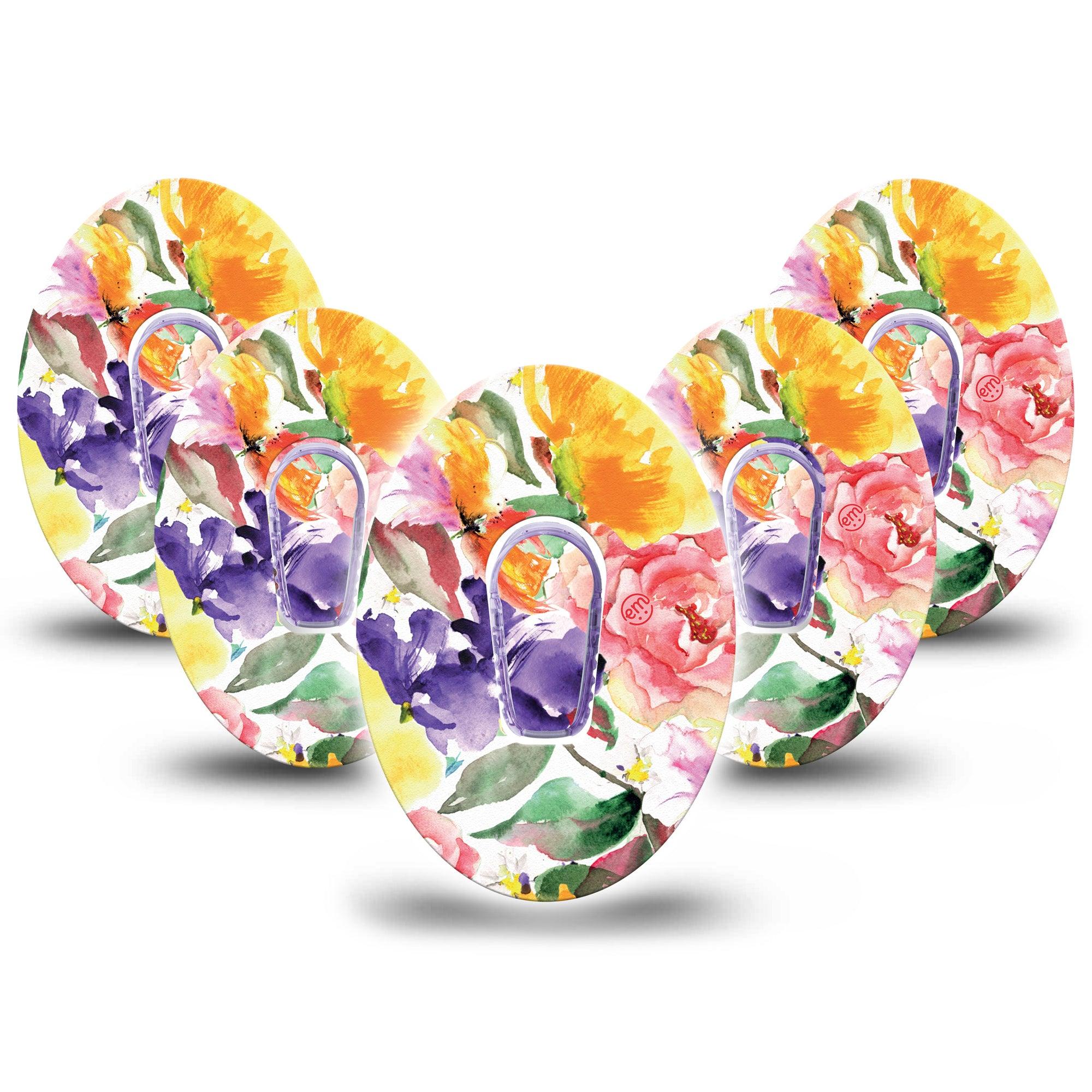 ExpressionMed Floral Art Dexcom G6 Tape, 5-Pack Tape + 5-Pack Sticker watercolor flowers, Plaster Continuous Glucose Monitor Design