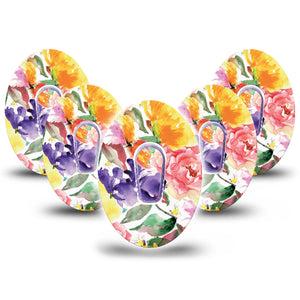 ExpressionMed Floral Art Dexcom G6 Tape, 5-Pack Tape + 5-Pack Sticker watercolor flowers, Plaster Continuous Glucose Monitor Design