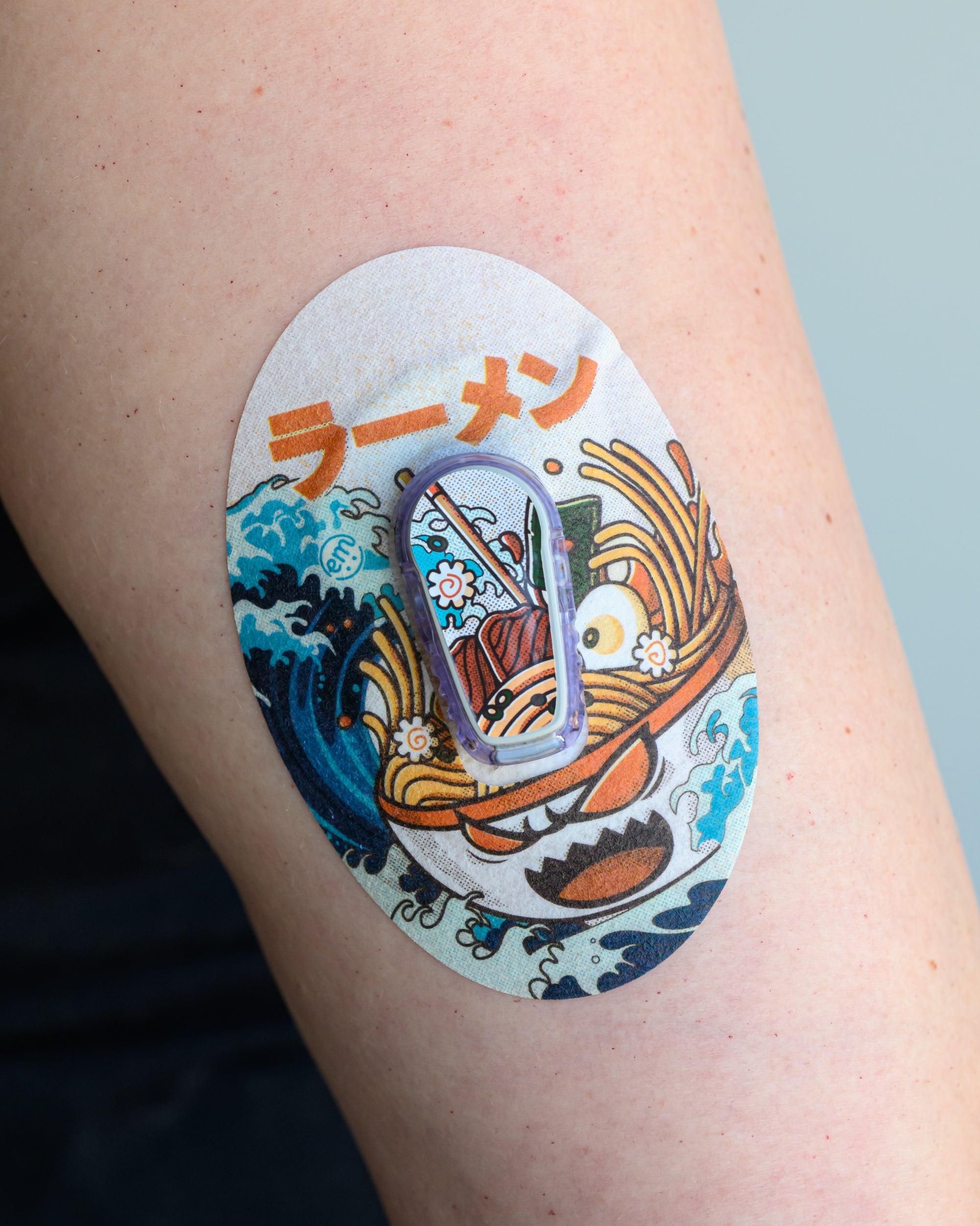 ExpressionMed Angry Ramen Dexcom G6 Tape, Single Tape & Sticker, Arm Wearing Angry Ramen CGM Adhesive Patch Design