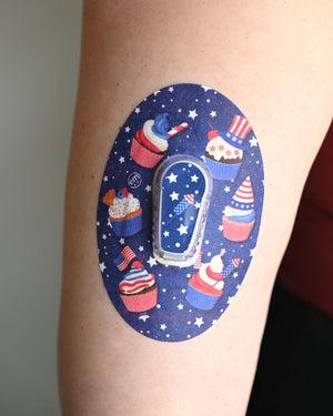 ExpressionMed Patriotic Cupcakes Dexcom G6 Tape, Single Tape and Single Sticker, Arm Wearing Cupcakes Themed CGM Adhesive Patch Design