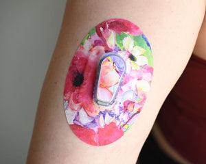 ExpressionMed Watercolor Red Flowers Dexcom G6 Tape, Single Tape and Single Sticker, Arm Wearing Floral Themed CGM Adhesive Patch Design