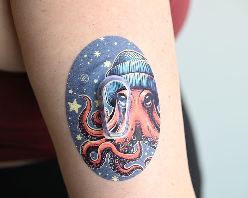 ExpressionMed Hipster Octopus Dexcom G6 Tape, Single Tape and Single Sticker, Arm Wearing Octopus Themed CGM Adhesive Patch Design