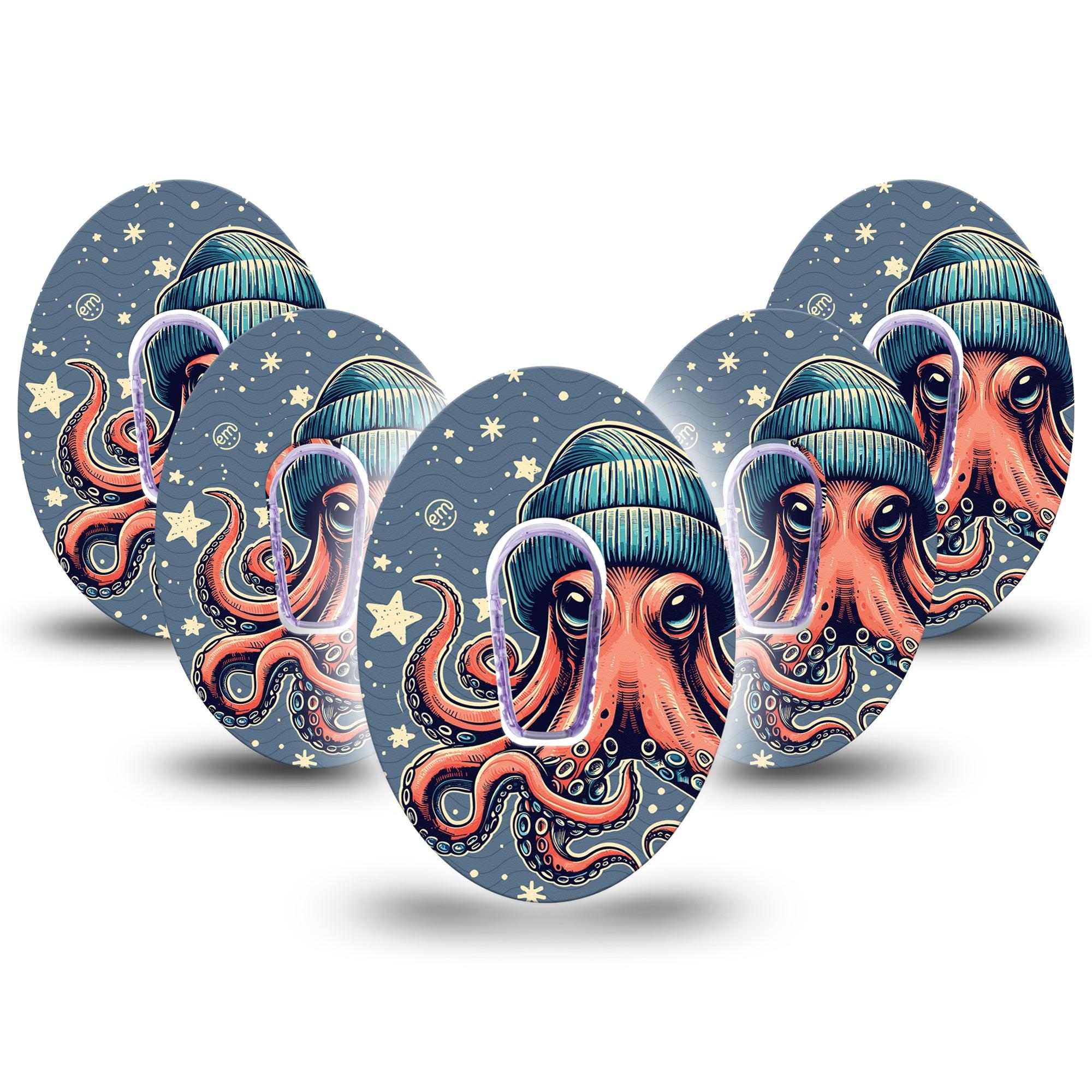 ExpressionMed Hipster Octopus Dexcom G6 Tape 5-Pack Tape and 5-Pack Sticker Trendy Looking Octopus Plaster CGM Design