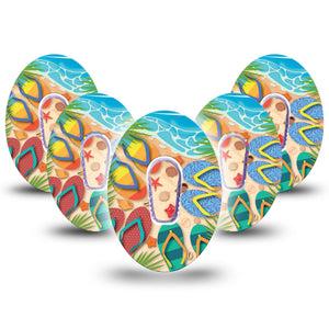 ExpressionMed Flip Flops Dexcom G6 Tape 5-Pack Tape and 5-Pack Sticker Coastal Beach Scenery Plaster CGM Design