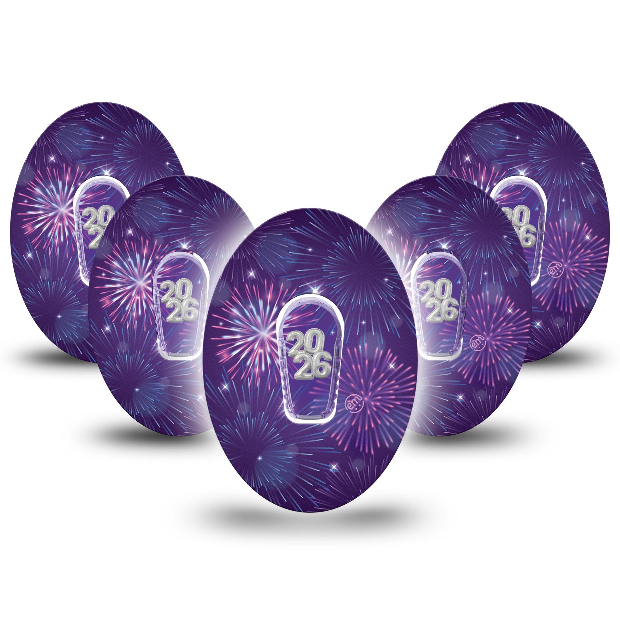 ExpressionMed New Years Celebration Dexcom G6 Tape 5-Pack Tape and 5-Pack Sticker Purple Pink Hued Fireworks, Plaster Continuous Glucose Monitor Design