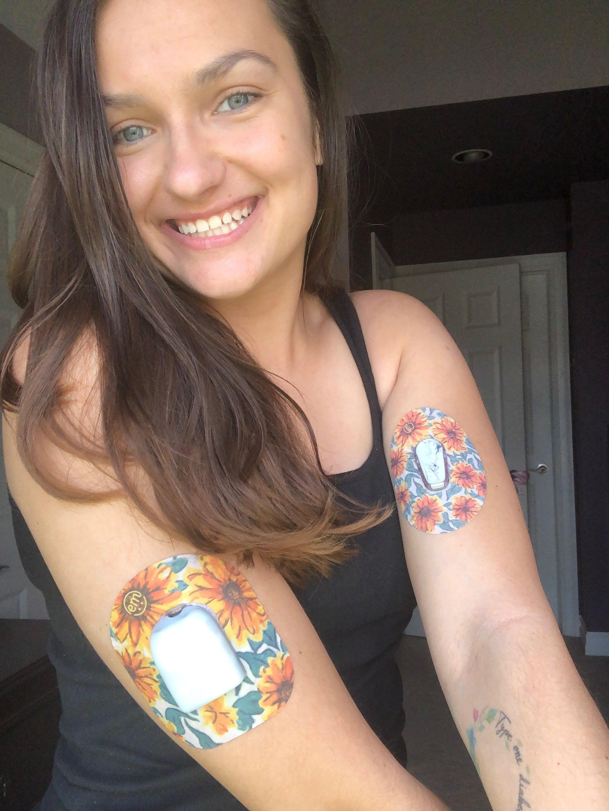 ExpressionMed Golden Variety Pack Pod Tape, Multiple Tapes, Woman Wearing Floral Themed CGM Adhesive Patch Design