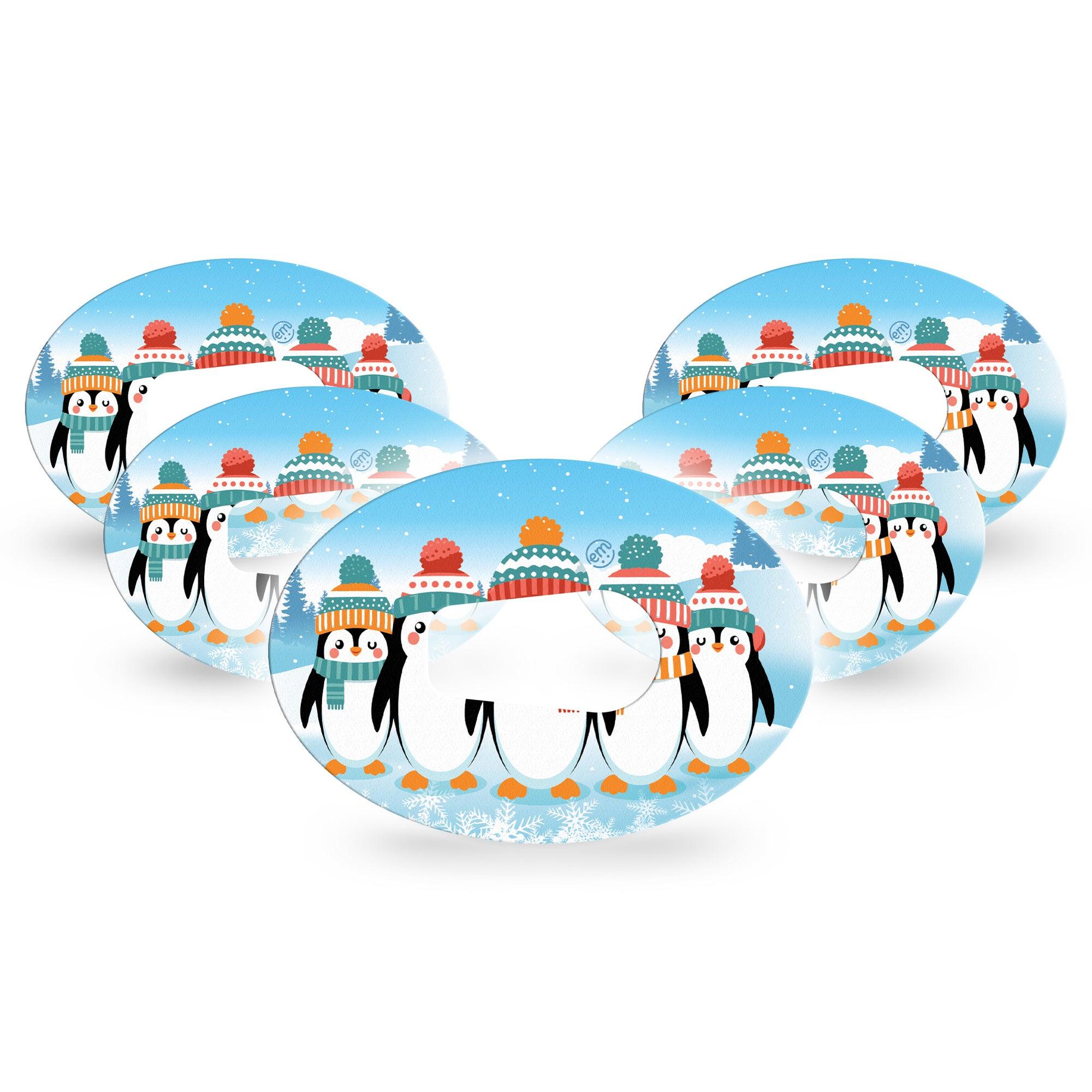 ExpressionMed Penguins In Row Dexcom G6 Tape 5-Pack Tape Hat and Scarf Penguins, Plaster CGM Design