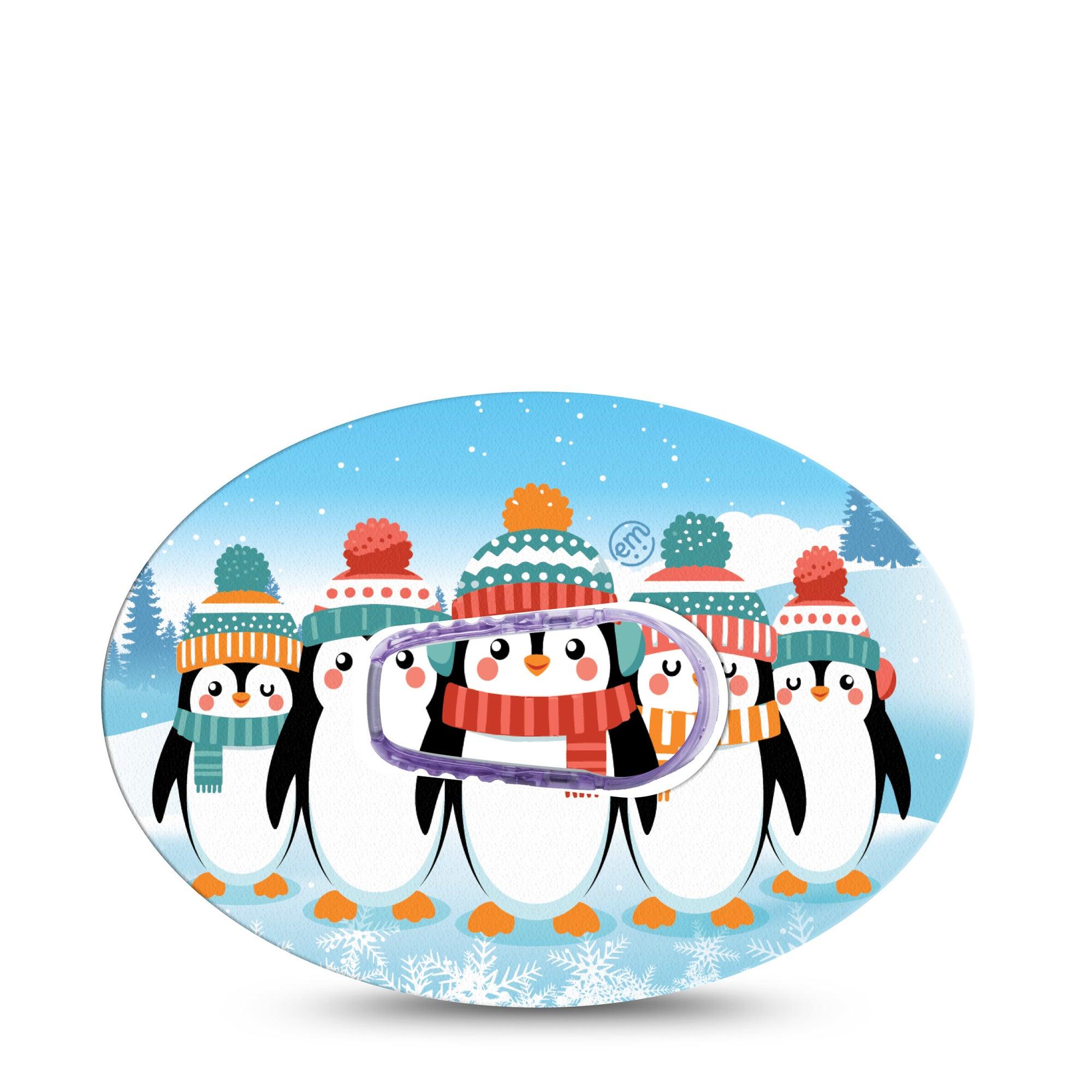 ExpressionMed Penguins In Row Dexcom G6 Tape Single Tape and Single Sticker Hat and Scarf Penguins, Plaster CGM Design