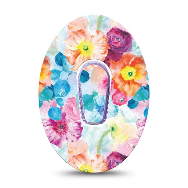 ExpressionMed Watercolor Poppies Dexcom G6 Tape Single Tape and Single Sticker Floral Watercolors, Plaster Continuous Glucose Monitor Design