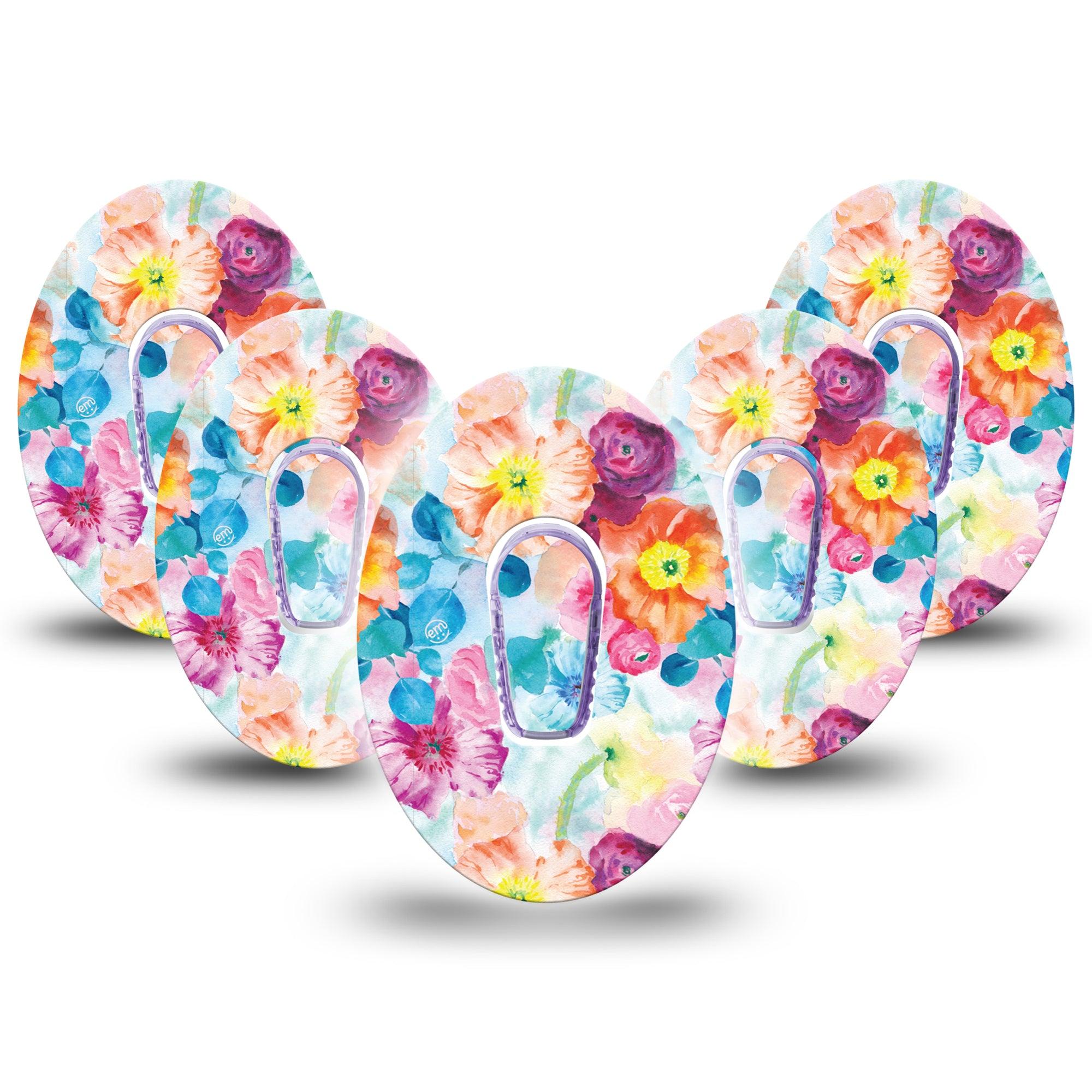 ExpressionMed Watercolor Poppies Dexcom G6 Tape 5-Pack Tape + 5-Pack Sticker Light-colored Flowerets,  Plaster Continuous Glucose Monitor Design