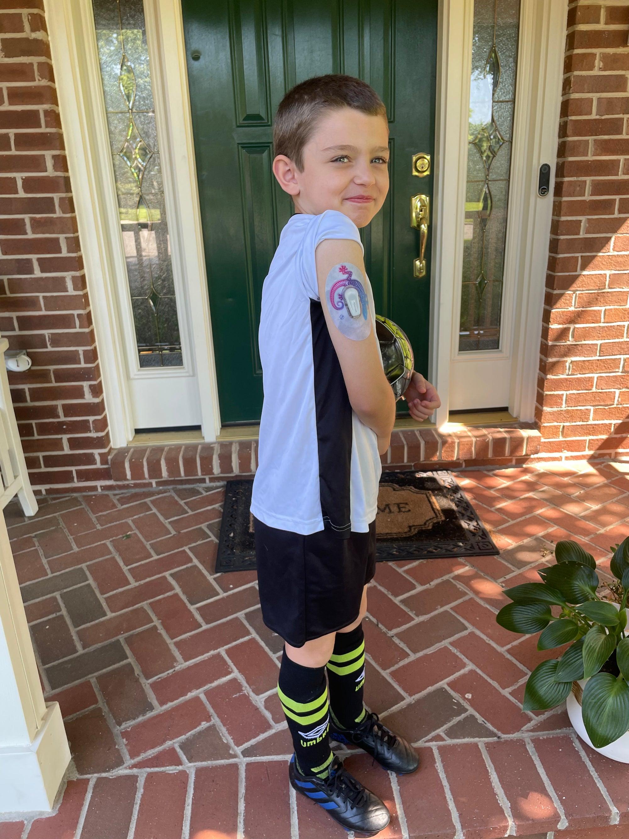 ExpressionMed Beachy Variety Pack Dexcom G6 Tape, Single Tape, Boy Wearing Beach Themed CGM Adhesive Patch Design