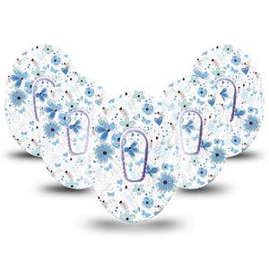 5-Pack Cute Blue Flowers Girls Dexcom G6 CGM Adhesive Covers with center stickers