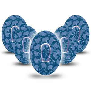 Blue Ginkgo Leaves Dexcom G6 Patch, 5-Pack, Blue Floral CGM Tape Design with center stickers