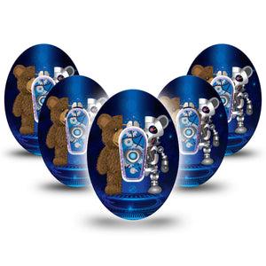 ExpressionMed Robo Teddy Dexcom G6 Patch, 5-Packs, Half Teddy Bear, Half Teddy Robot CGM Adhesive Tape Design with center stickers
