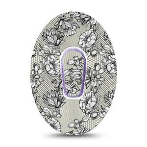Black Lace Dexcom G6 Patch, single sticker and tape, floral lace themed cgm adhesive tape design