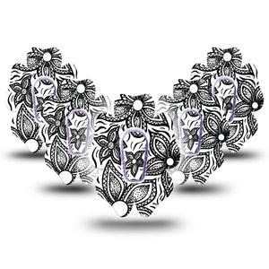 ExpressionMed Black Tie Floral G6 Flower 5-Pack Stickers and  Tapes, Doodled Floral, CGM Plaster Patch Design