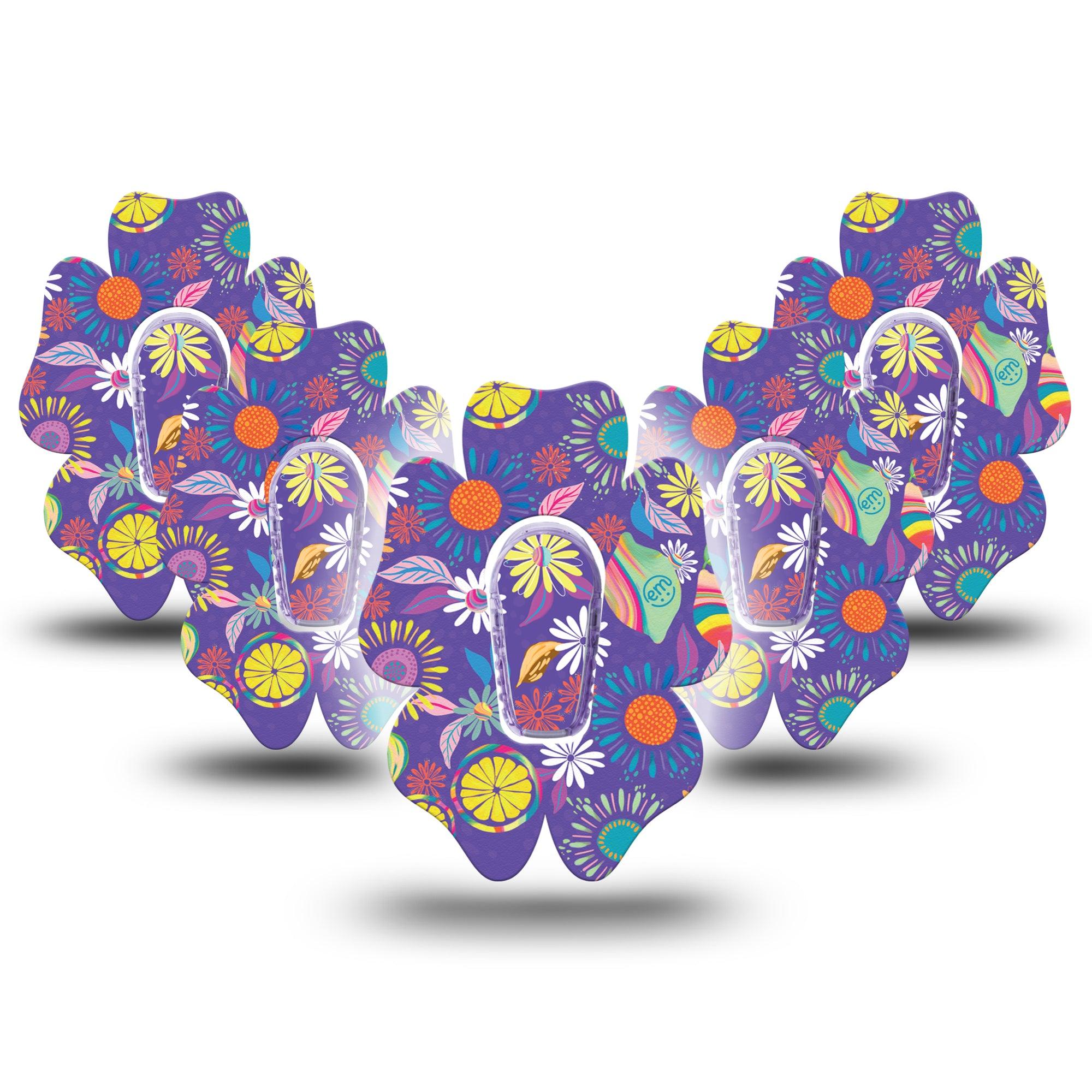 ExpressionMed Purple Flower Dexcom G6 Flower Shape 5-Pack Colorful Abstract by Etta Vee Plaster Continuous Glucose Monitor Design with center stickers