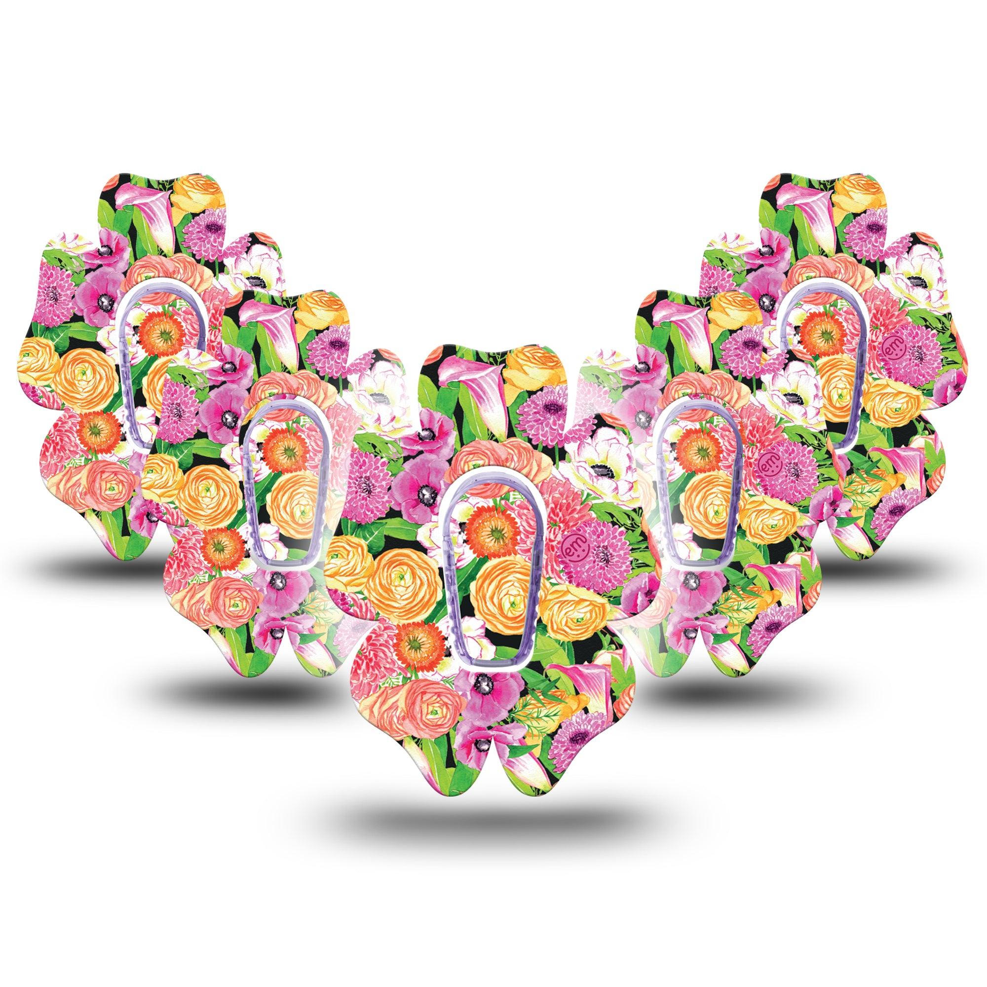 ExpressionMed Hand Painted Flowers Dexcom G6 Flower Shape Tape 5-Pack Tape + 5-Pack Sticker pink and yellow garden florals Adhesive Patch Continuous Glucose Monitor Design