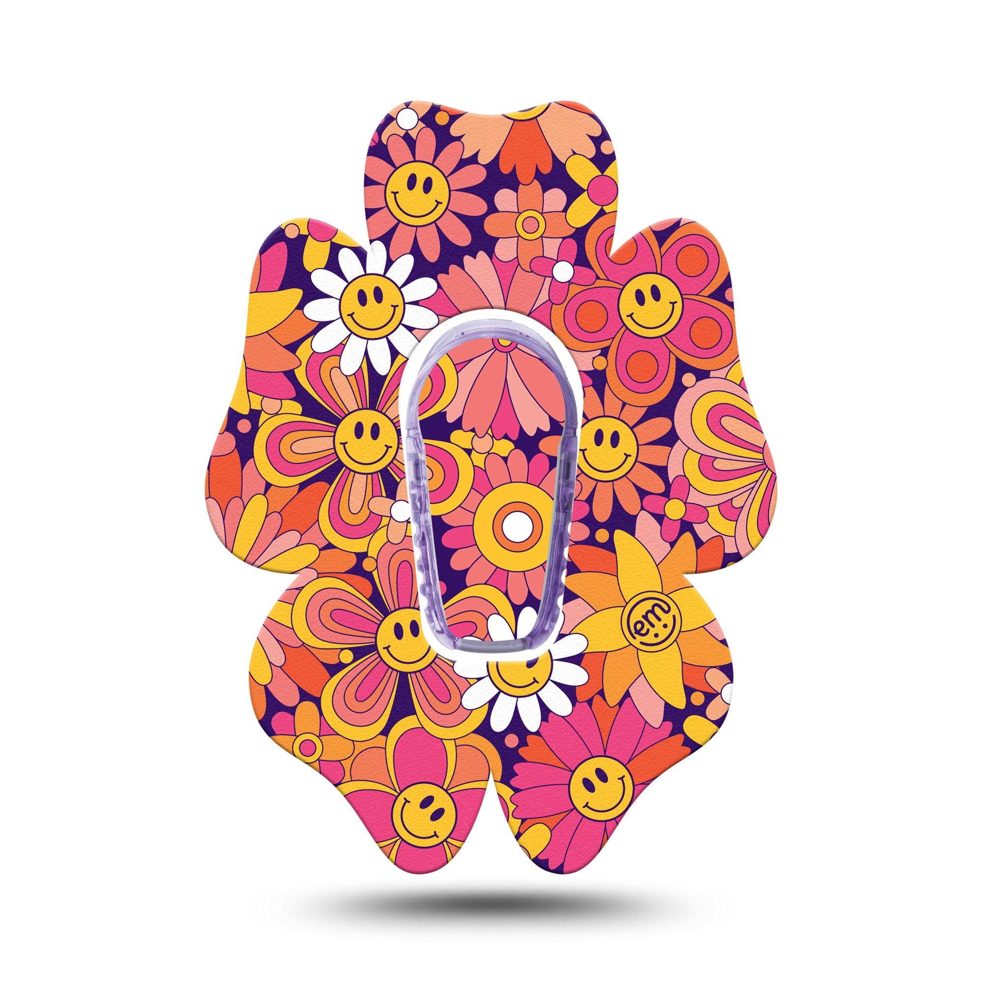 ExpressionMed Groovy Dexcom G6 Flower Shape Tape Single Tape + Single Sticker Orange Pink Daisies Adhesive Patch Continuous Glucose Monitor Design