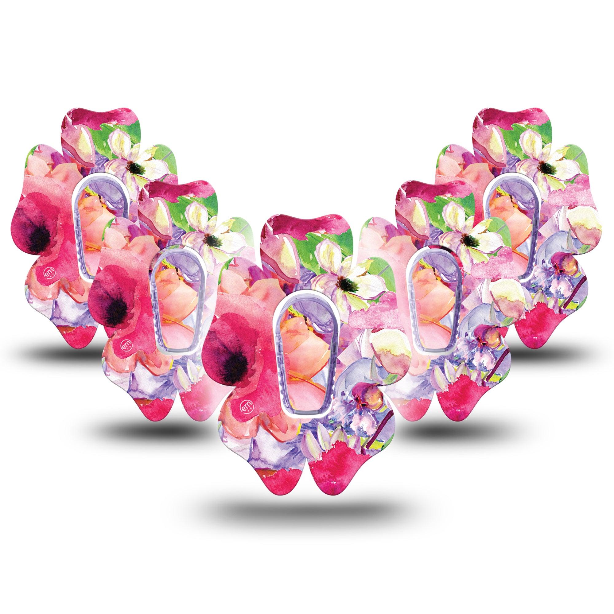 ExpressionMed Watercolor Red Flowers Dexcom G6 Flower Shape Tape 5-Pack Tape + 5-Pack Sticker Striking Watercolor Flowers Adhesive Patch Continuous Glucose Monitor Design