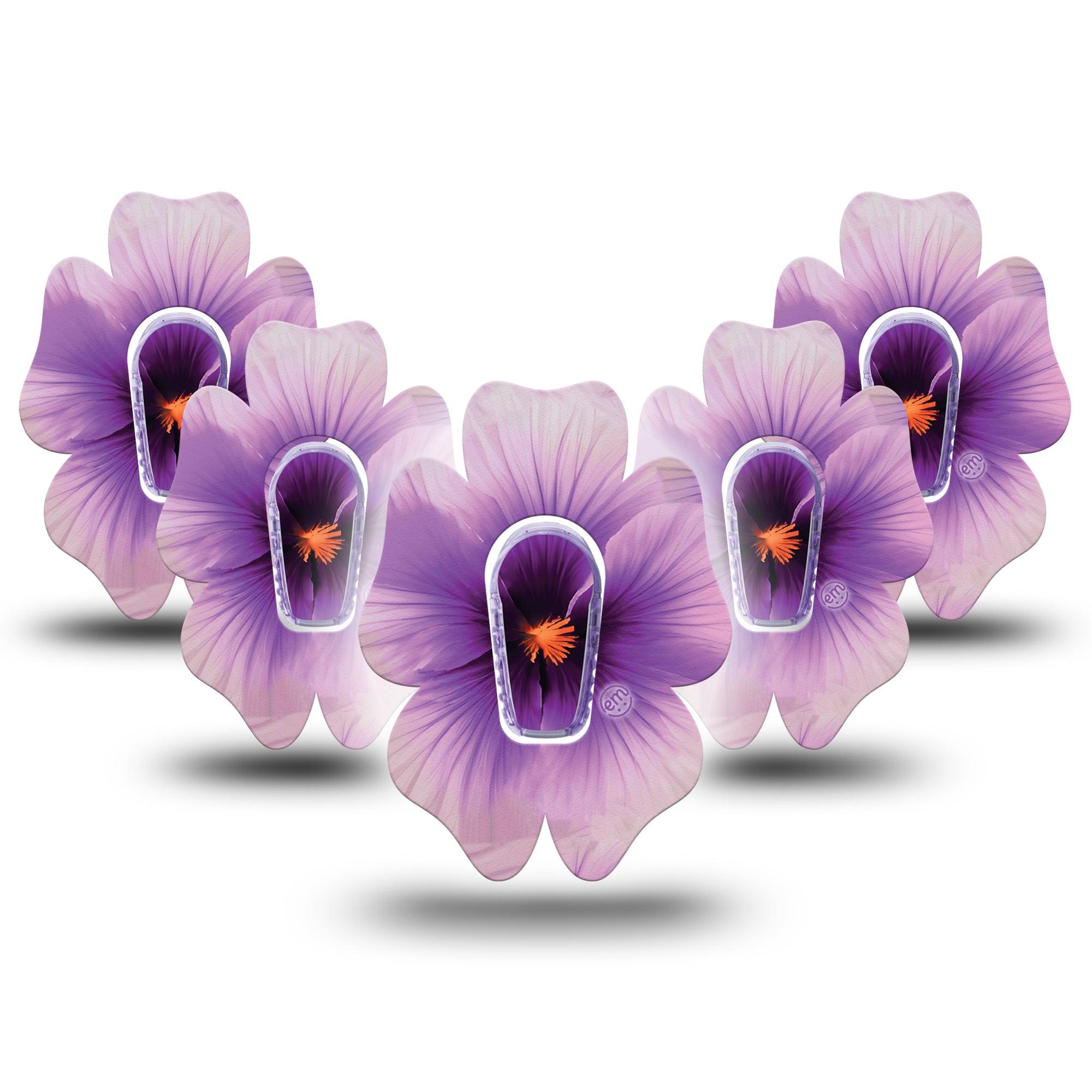 ExpressionMed Hibiscus Dexcom G6 Flower Shape Tape 5-Pack Tape and 5-Pack Sticker Detailed Floral Hibiscus, Purple Petals, Adhesive Patch Continuous Glucose Monitor Design