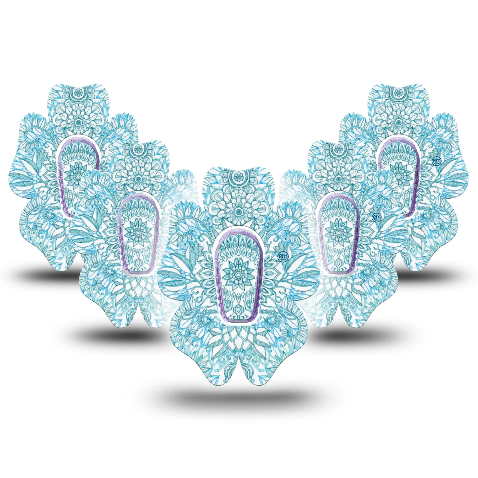 ExpressionMed Aqua Floral Dexcom G6 Flower Shape Tape 5-Pack Tape and 5-Pack Sticker Cool-Toned Flowers Adhesive Patch Continuous Glucose Monitor Design