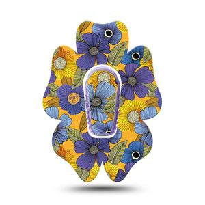 ExpressionMed Charming Blooms Flower Dexcom G6 Tape, Single, Blue And Yellow Flowerets Themed, CGM Adhesive Patch Design with center sticker