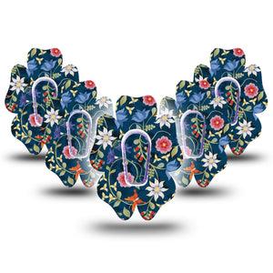 ExpressionMed Floral Folklore Dexcom G6 Flower Shape Tape 5-Pack Tape and 5-Pack Sticker Woodsy Floral Design with Blue Background Adhesive Patch Continuous Glucose Monitor Design