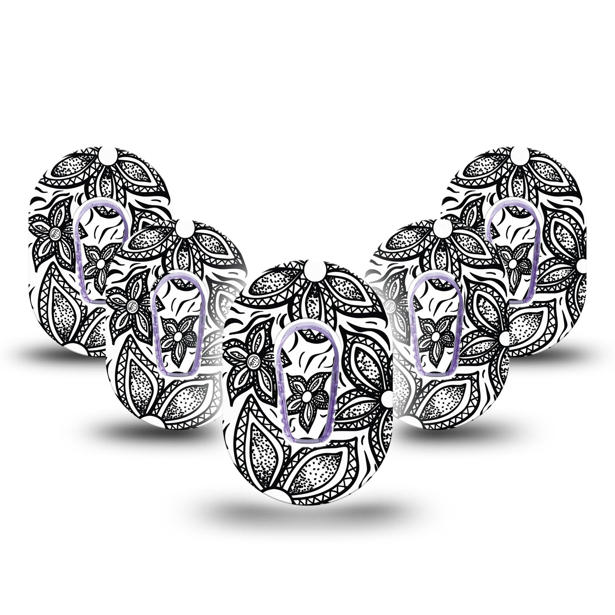 ExpressionMed Black Tie Floral Dexcom G6 Mini Tape 5-Pack Tape and 5-Pack Sticker Elegant Arrangement, Adhesive Tape CGM Design