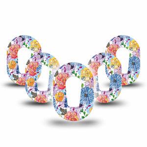 Stylised Floral Dexcom G6 Mini Tape, 5-Pack, Painted Florals Themed, CGM Overlay Patch Design