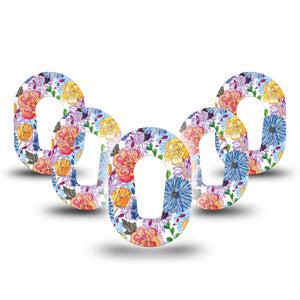 Stylised Floral Dexcom G6 Mini Tape, 5-Pack, Painted Florals Themed, CGM Overlay Patch Design