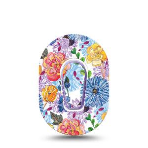 Stylised Floral Dexcom G6 Mini Tape, Single Sticker and Tape, Water Colored Flowers Themed, CGM Adhesive Patch Design