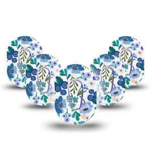ExpressionMed Blue Anemone Dexcom G6 Mini Tape, 5-Pack Tape and 5-Pack Sticker, Floral Ornaments Themed, CGM Adhesive Patch Design