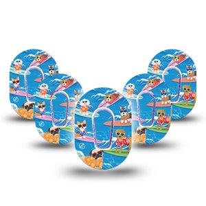ExpressionMed Surfing Dogs Dexcom G6 Mini Tape, 5-Pack Tape and 5-Pack Sticker, Amusing Dogs Themed, CGM Plaster Patch Design