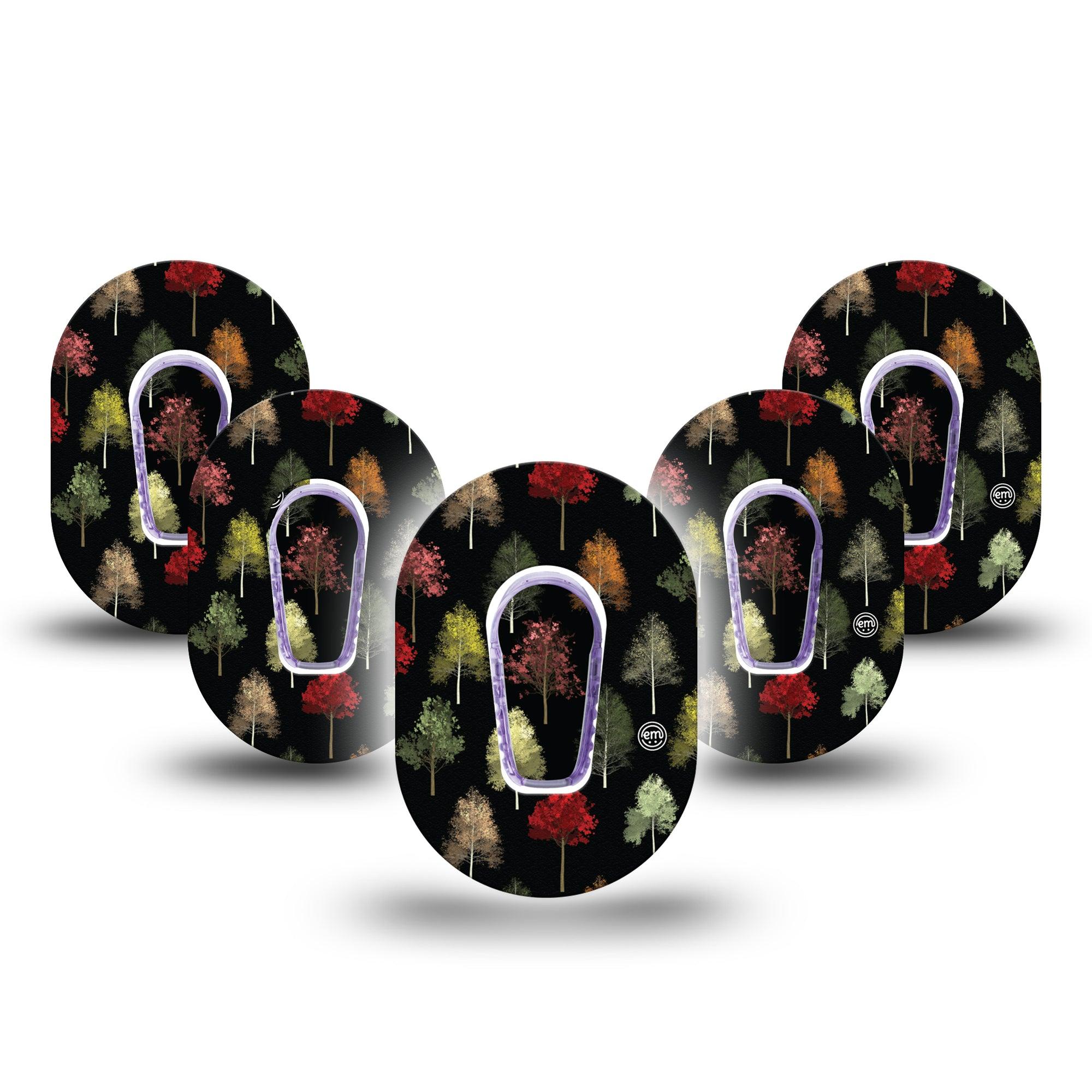 ExpressionMed Dark Forest Dexcom G6 Mini Tape 5-Pack Autumn Trees, CGM Overlay Patch Design with center stickers