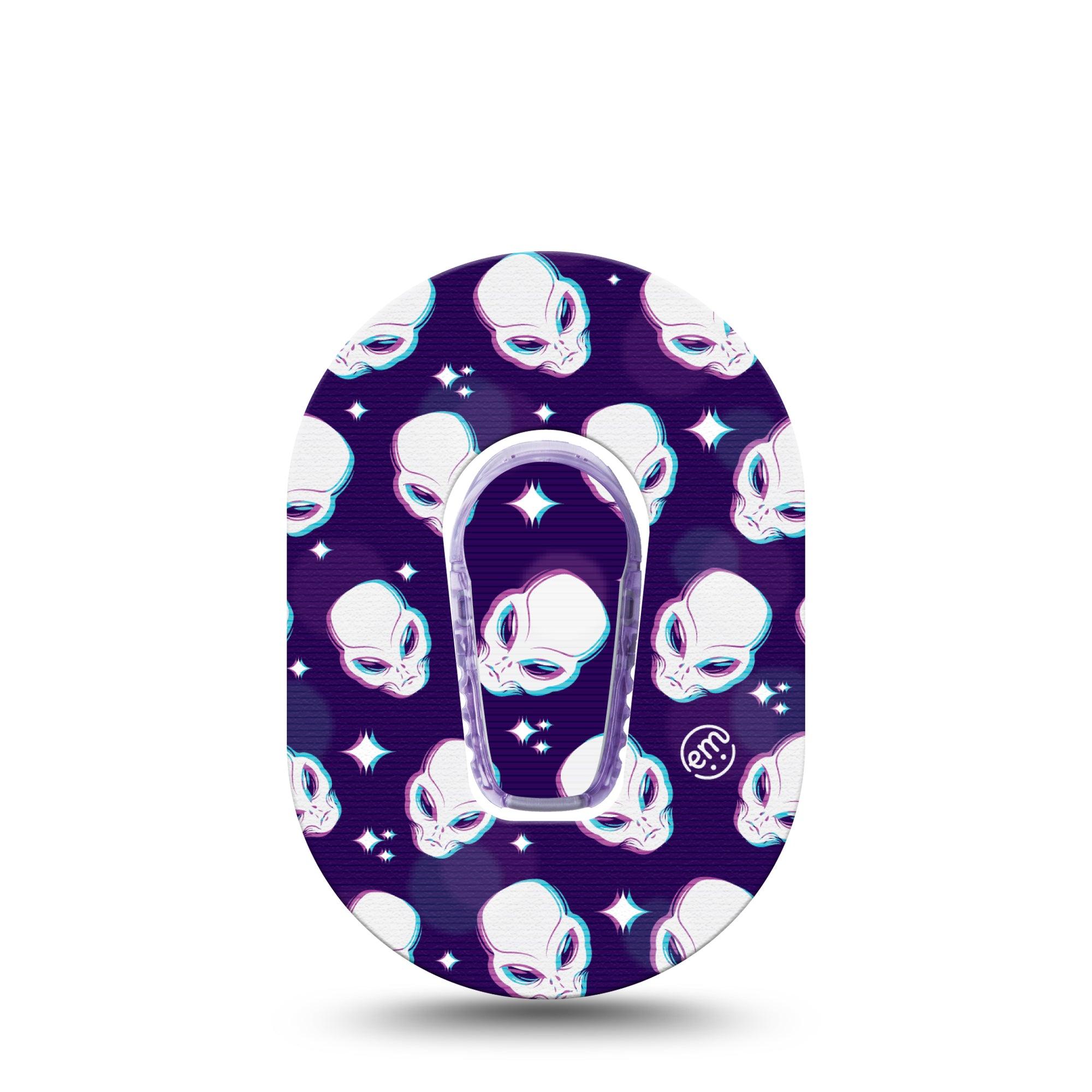 Aliens Dexcom G6 Mini Tape, Single Tape and Single Sticker, Grey alien head purple, CGM Patch Design